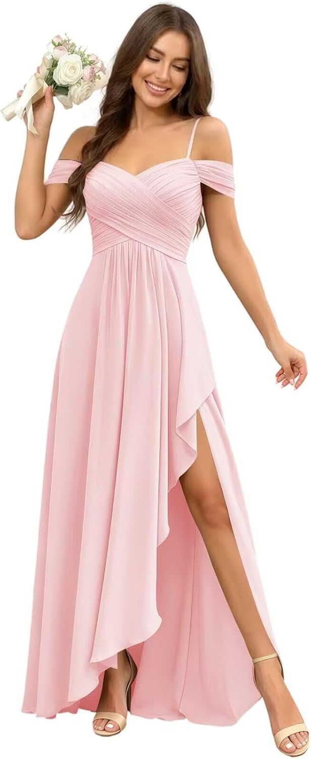 Cold Shoulder Pleated Chiffon Bridesmaid Dress with Ruffle Slit