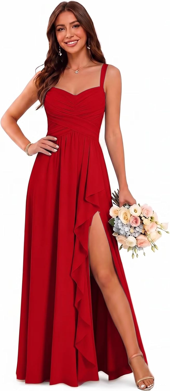 Sweetheart Chiffon Bridesmaid Dress with Pleated Bodice and Ruffle Slit