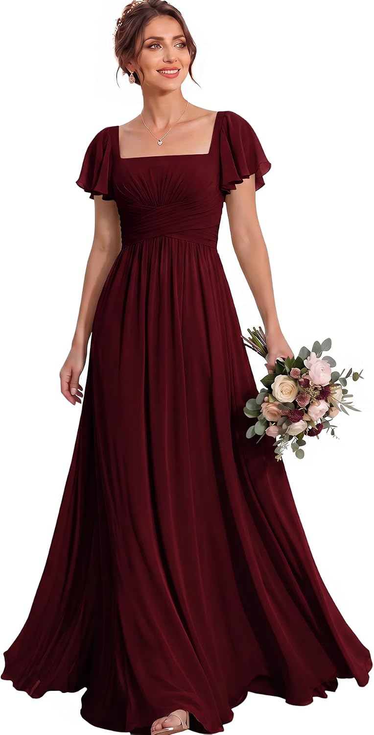 Ruched Waist Chiffon Bridesmaid Dress with Square Neck and Flutter Sleeves