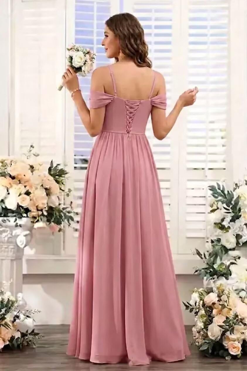 Cold Shoulder Pleated Chiffon Bridesmaid Dress with Ruffle Slit
