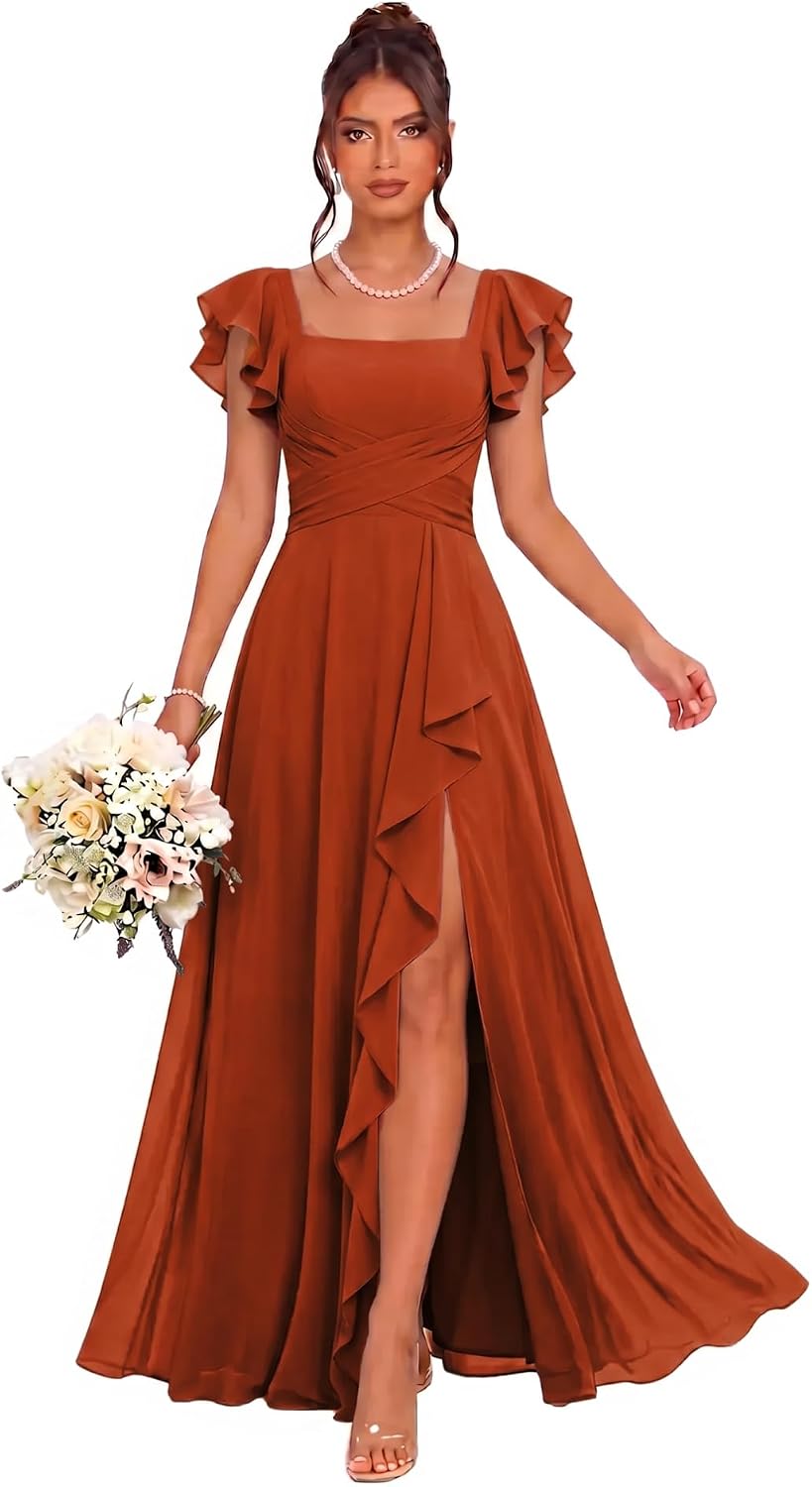 Cascading Ruffle Chiffon Bridesmaid Dress with Flutter Sleeves and Slit