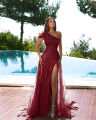 Modern One Shoulder Mermaid Evening Dress with Cap Sleeve, Beadings, Tulle, and Slit