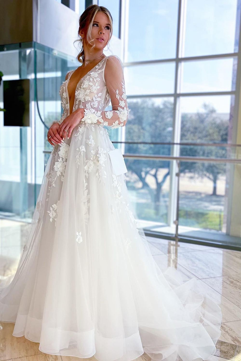 Romantic Ivory A-Line Illusion Deep V-Neck Long Sleeves Wedding Dress