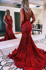 Fuchsia Deep V Neck Sequin Mermaid Prom Dress