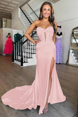 Dark Green Mermaid Sweetheart Long Satin Prom Dress with Slit