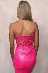 Sparkly Hot Pink Sequin Tight Short Homecoming Dress with Lace