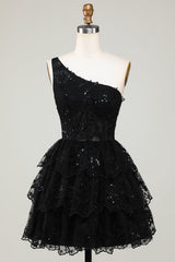 Glitter One Soulder Black Tiered A-Line Lace Short Homecoming Dress