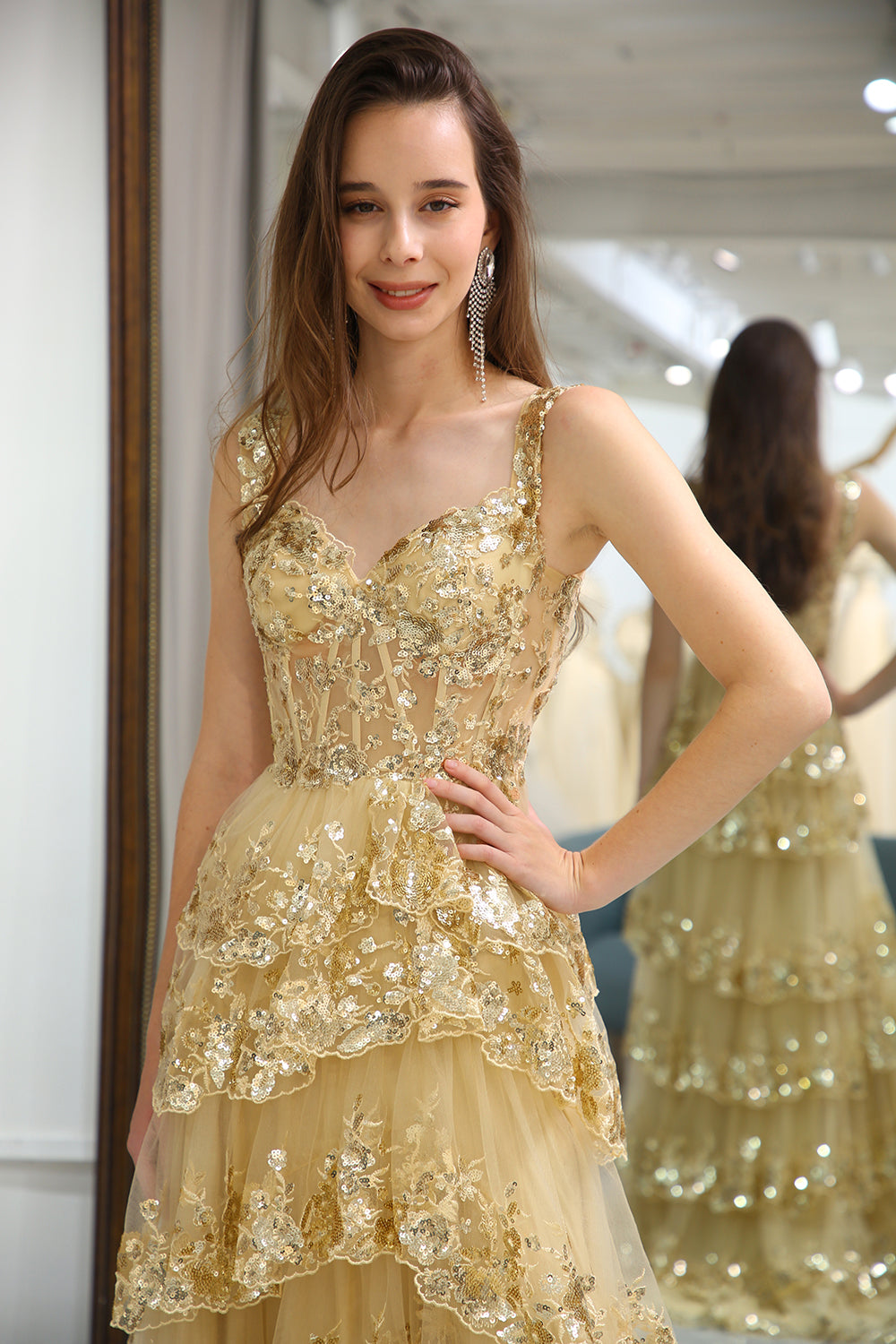 Sparkly Golden Tiered A-Line Long Prom Dress with Lace