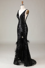 Black Mermaid Sequins Long Prom Dress With Feather