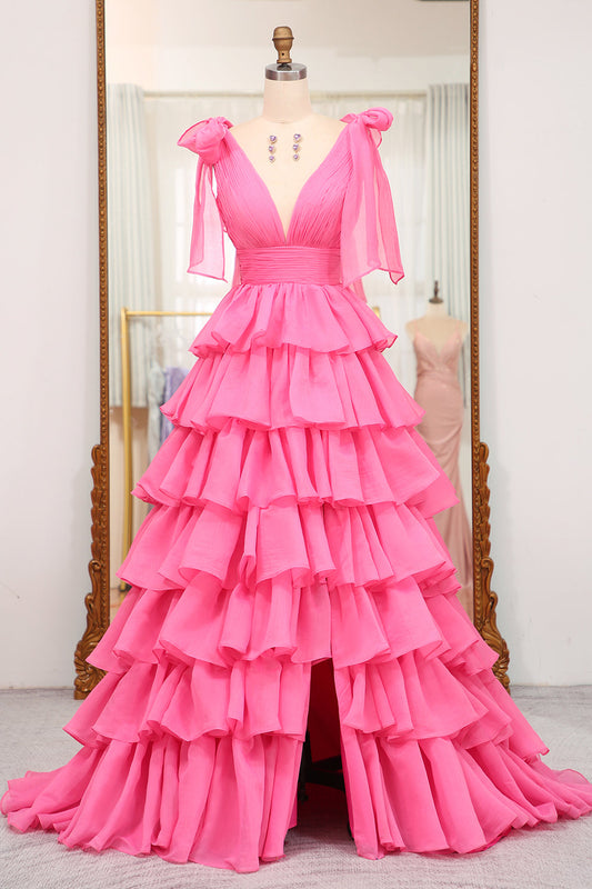 Fuchsia Tiered A-Line Sleeveless Prom Dress