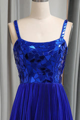 Glitter Royal Blue A Line Long Mirror Prom Dress With Slit