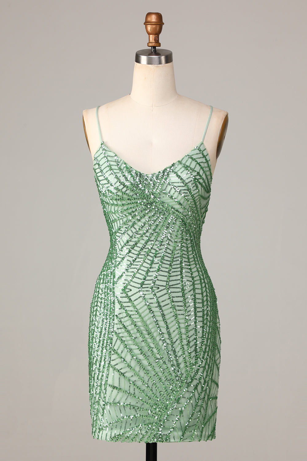 Sheath Spaghetti Straps Green Sequins Short Homecoming Dress with Criss Cross Back