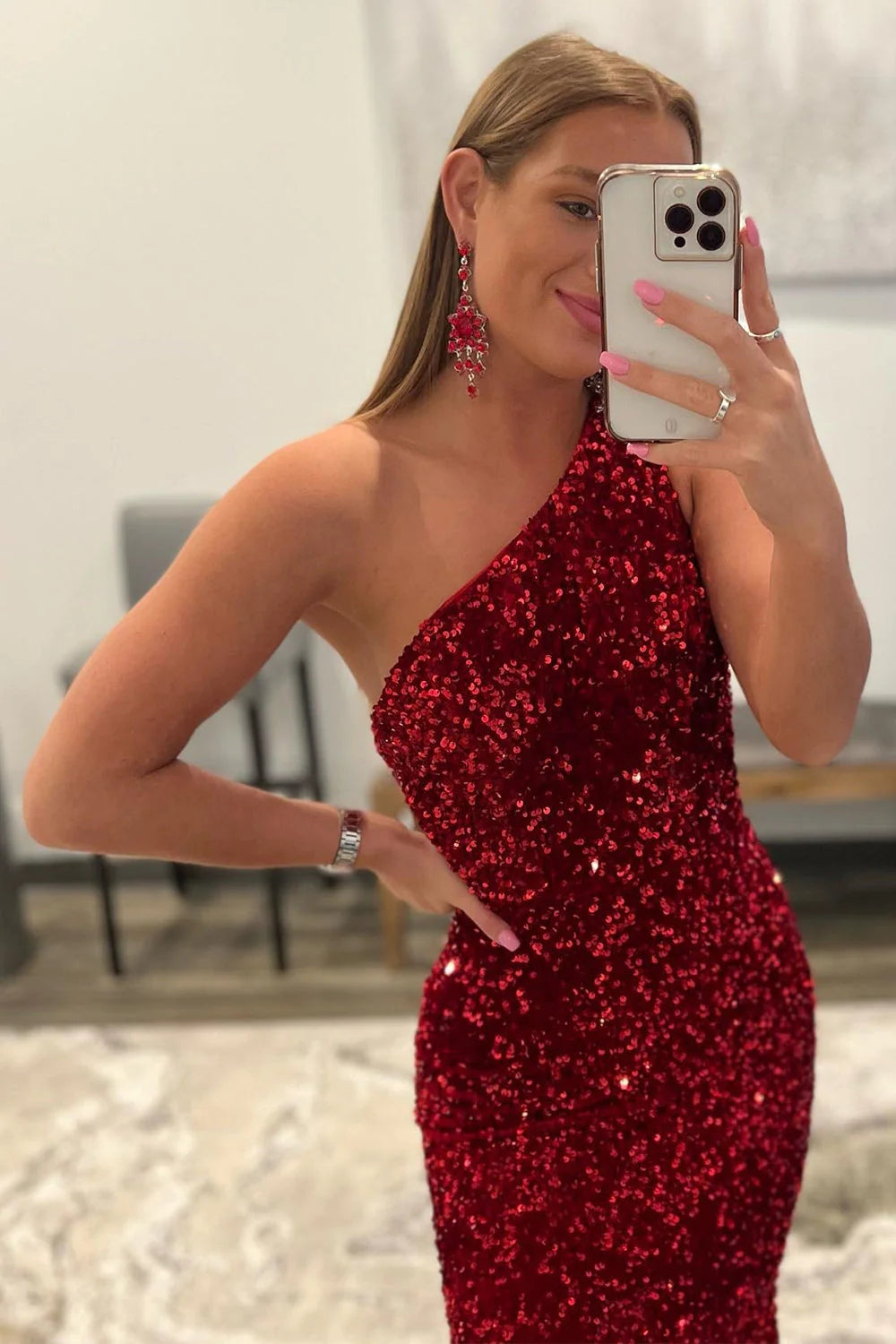 Coral Sequins Mermaid Long Prom Dress