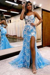 Blue Open Back Mermaid Lace Prom Dress with Slit