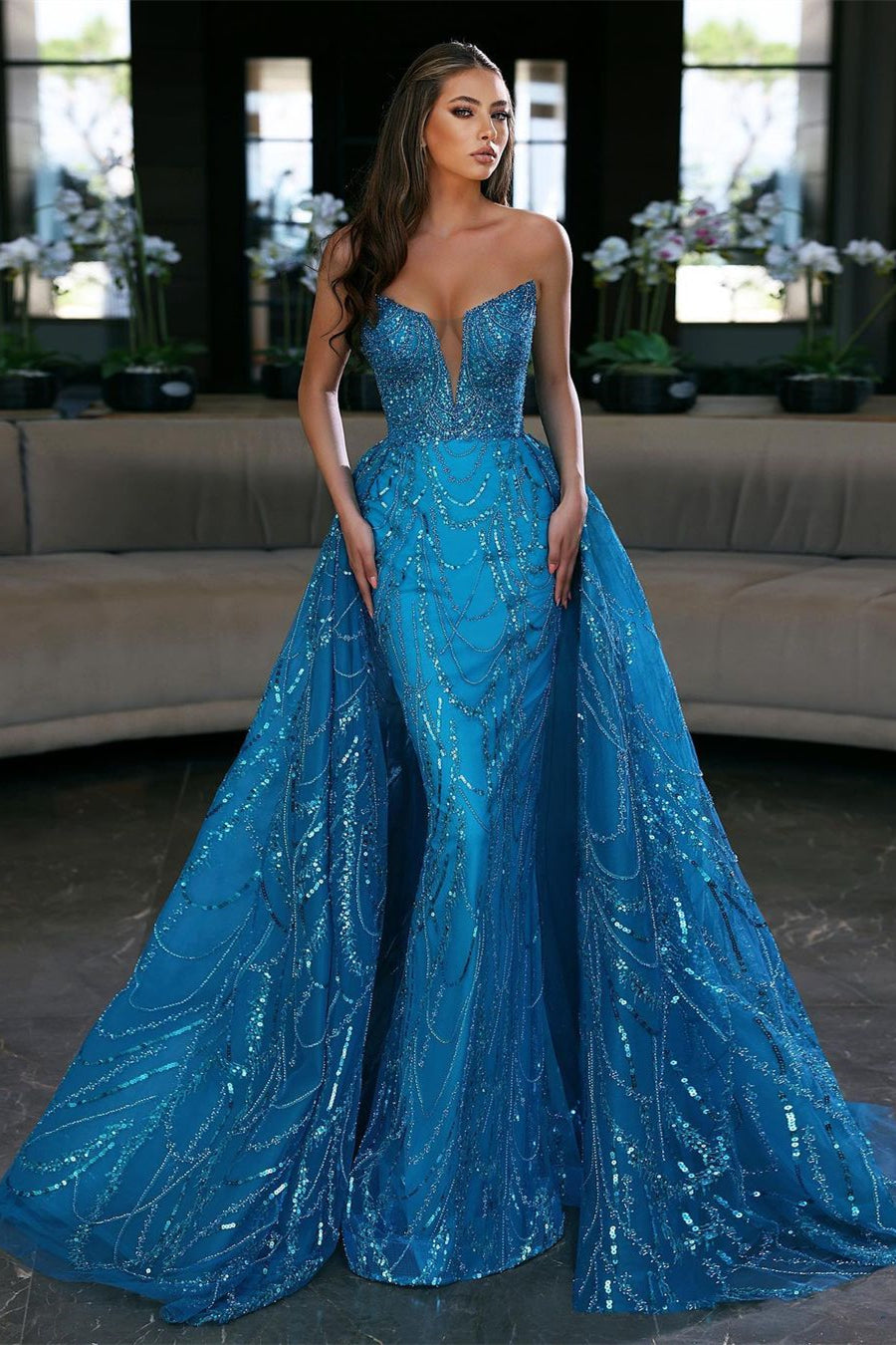 Glamorous Royal Blue Sleeveless Strapless Long Evening Dress Prom Dress with Sequins