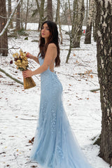 Blue Mermaid Tulle Backless Long Prom Dress with Lace