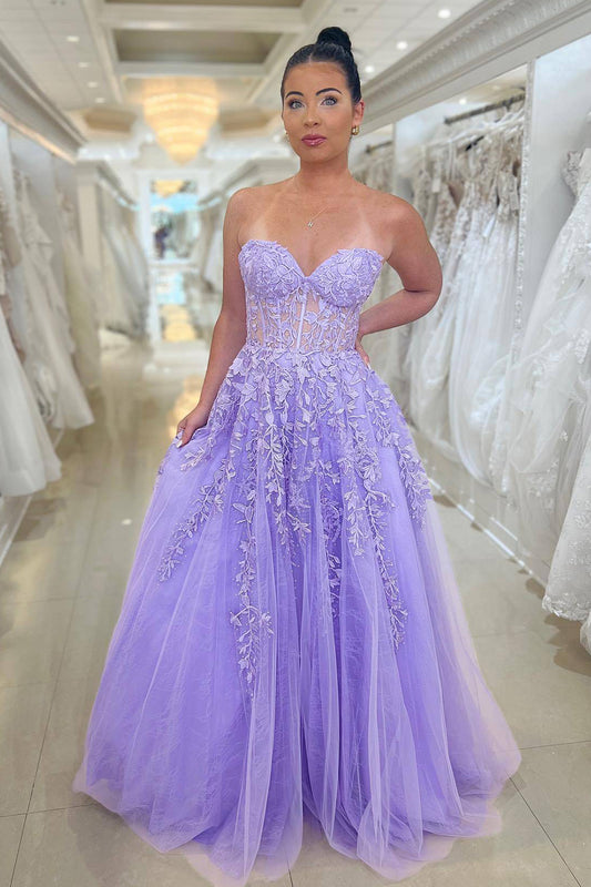 Elegant Purple Strapless Long Corset Prom Dress With Appliques