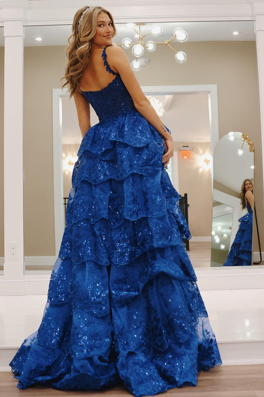 Glitter Royal Blue A Line Long Tiered Appliqued Prom Dress With Slit