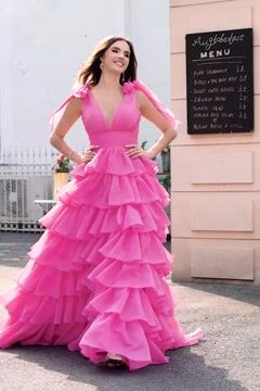 Glitter Hot Pink A Line V Neck Backless Long Tiered Prom Dress with Slit