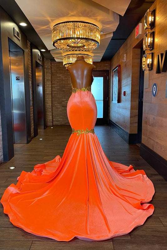 Sleeveless Orange Mermaid Evening Dress with Halter and Appliques