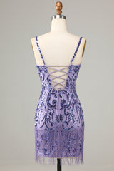 Glitter Purple Fringed Sequins Tight Short Homecoming Dress