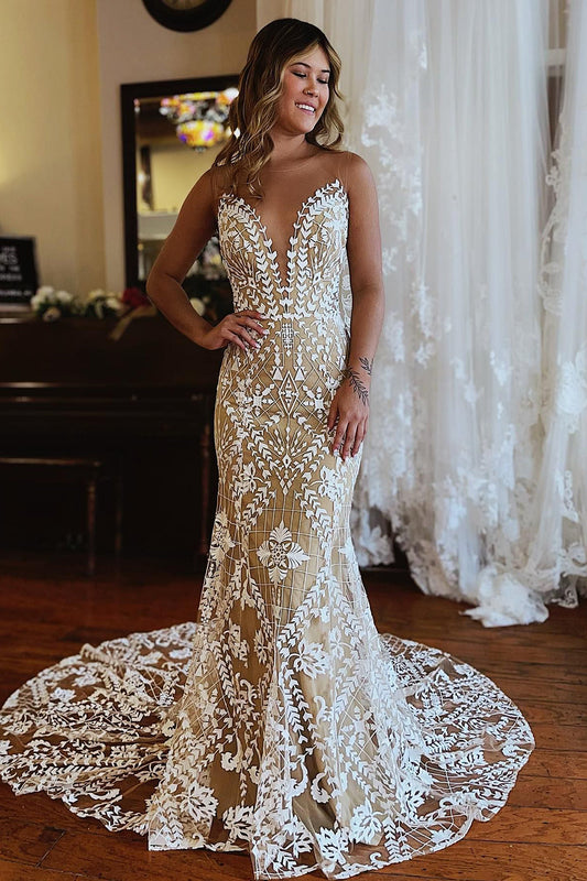 Romantic Champagne Illusion Boat Neck Mermaid Lace Wedding Dress