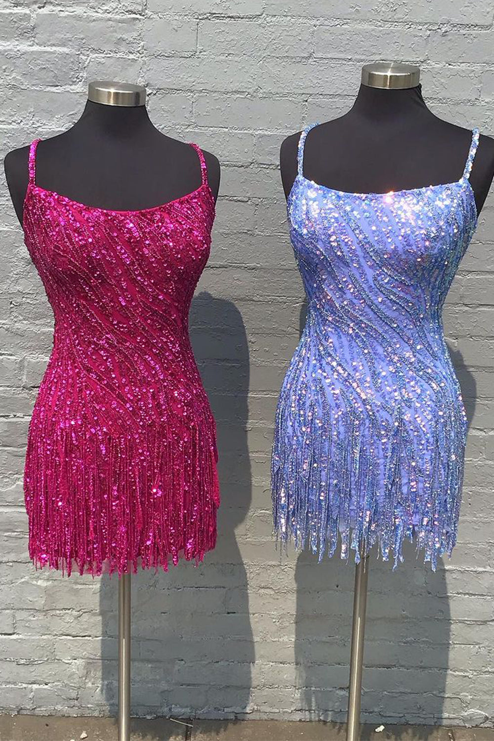 Sparkly Gold Spaghetti Straps Sequins Tight Short Hoco Dress with Fringes