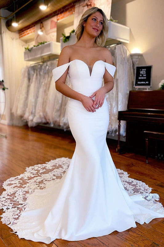 Beautiful White Boho Mermaid Off-the-Shoulder Long Wedding Dress with Lace