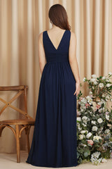 Royal Blue Chiffon V-Neck Sleeveless Long Bridesmaid Dress