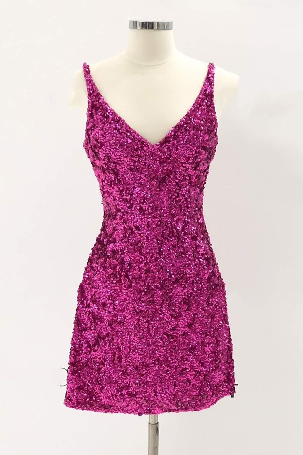 Sheath Spaghetti Straps Purple Sequins Short Cocktail Dress