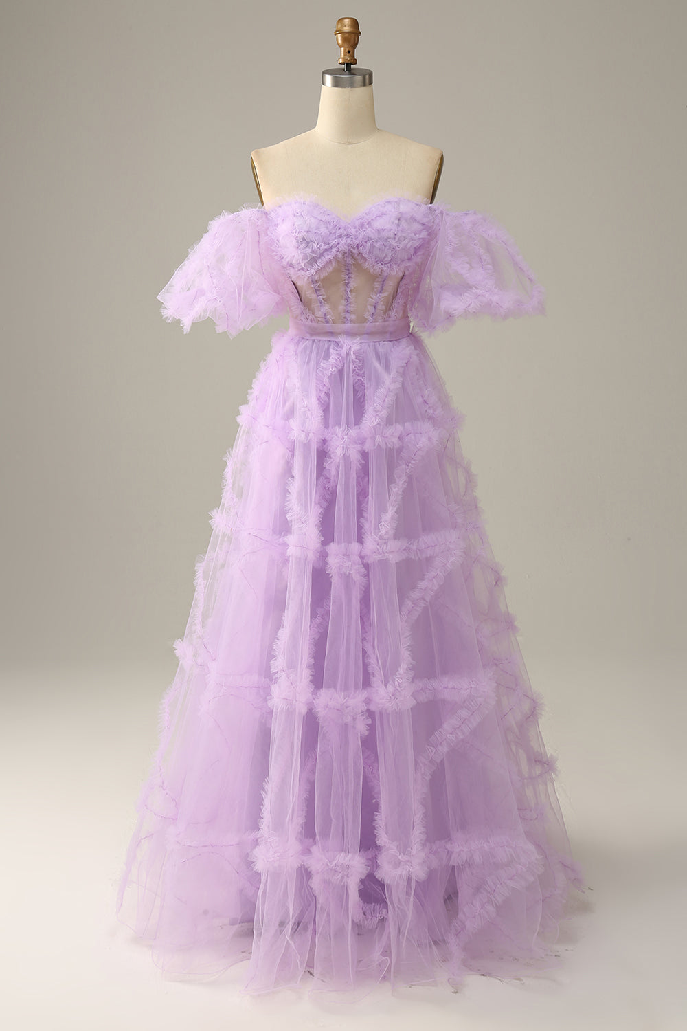 A Line Off the Shoulder Pink Tulle Corset Prom Dress with Bowknot