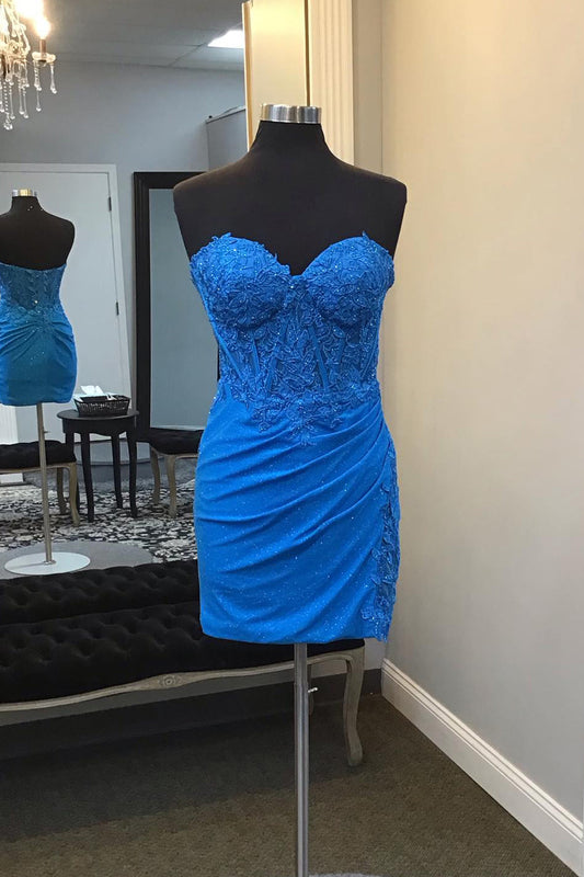 Glitter Royal Blue Corset Tight Short Homecoming Dress with Lace