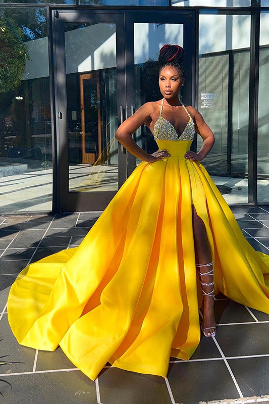 Yellow Halter V Neck Mermaid Evening Dress Long Pleated