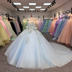 Blue Fairy Princess Quinceanera Dress Handmade Floral Off Shoulder Sweep Train Prom Party Gown Ball Gown Dress