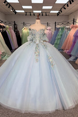 Blue Fairy Princess Quinceanera Dress Handmade Floral Off Shoulder Sweep Train Prom Party Gown Ball Gown Dress