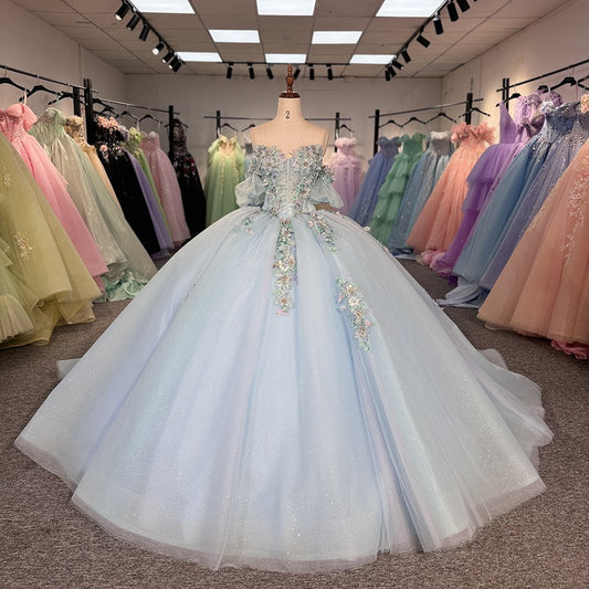 Blue Fairy Princess Quinceanera Dress Handmade Floral Off Shoulder Sweep Train Prom Party Gown Ball Gown Dress