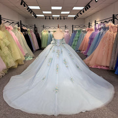 Blue Fairy Princess Quinceanera Dress Handmade Floral Off Shoulder Sweep Train Prom Party Gown Ball Gown Dress