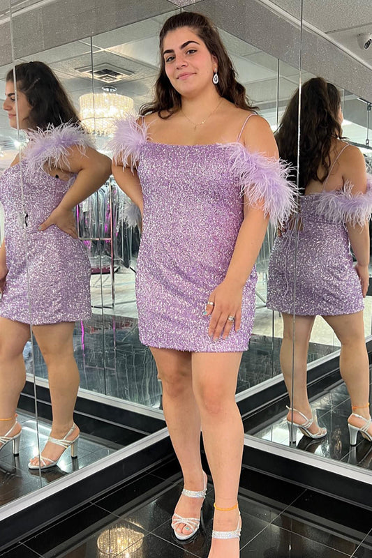 Sparkly Lilac Sequins Tight Short Homecoming Dress with Feathers