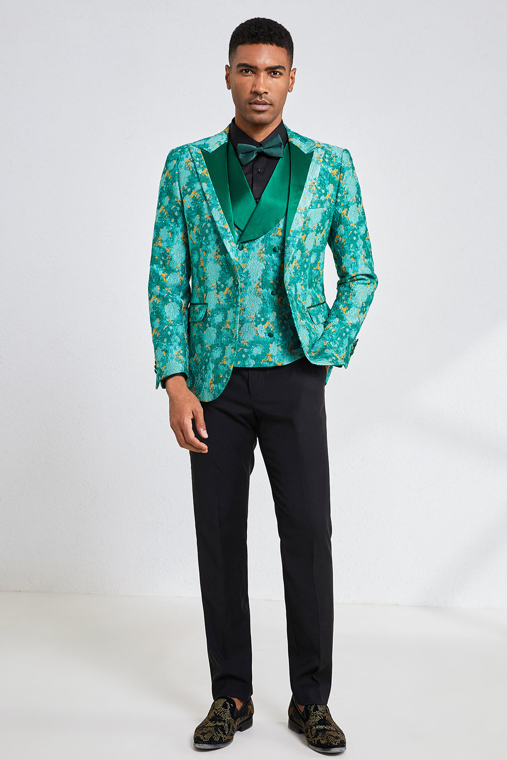 Charming Green Jacquard 3-Piece Peak Lapel Men's Prom Homecoming Suit