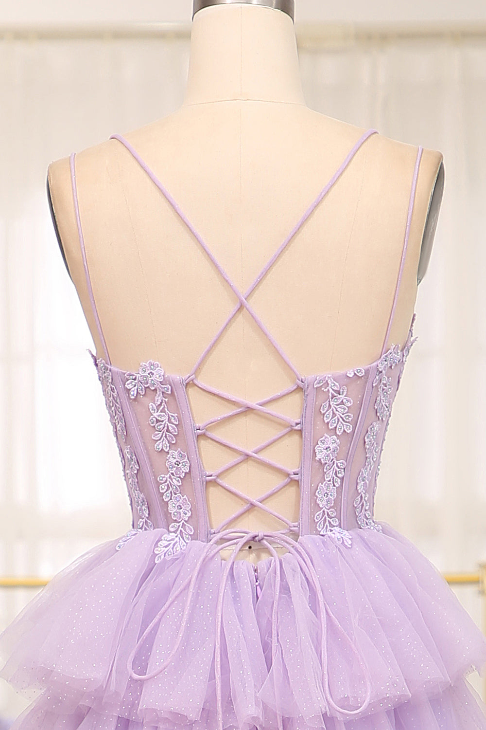 Elegant Lilac A Line Tiered Long Corset Prom Dress With Appliques