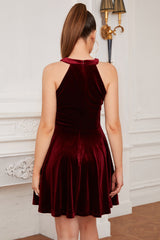 Burgundy Halter Keyhole Mini Velvet Dress