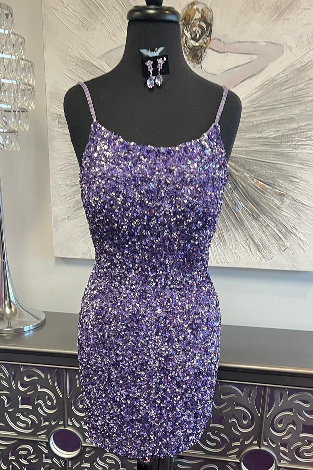 Sparkly Purple Open Back Short Hoco Dress