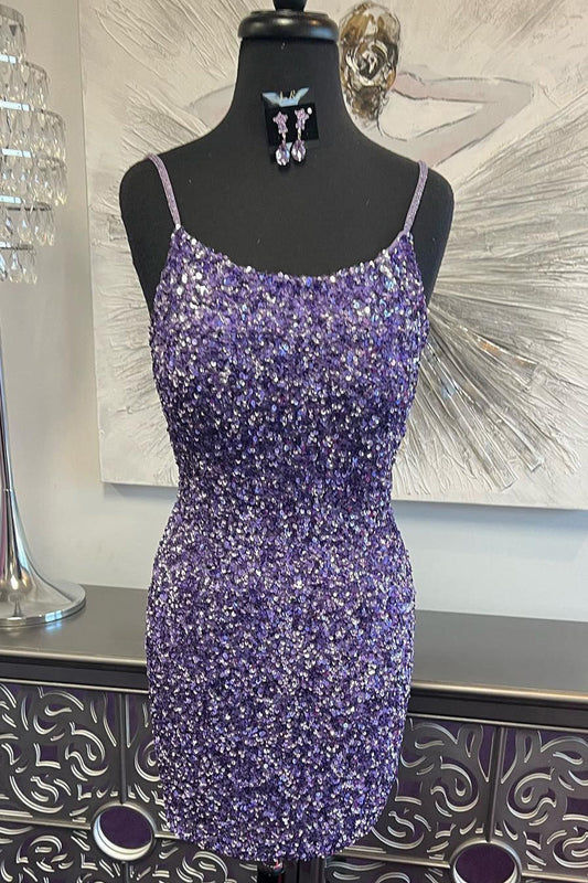 Sparkly Purple Open Back Short Hoco Dress