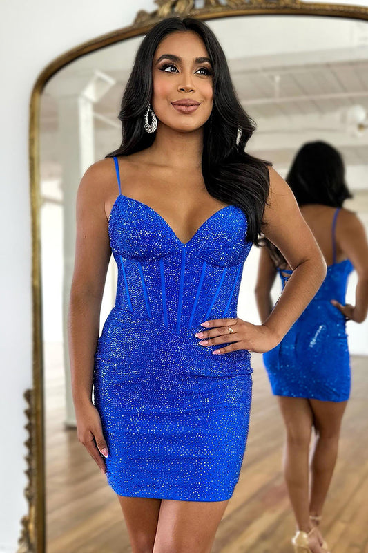 Royal Blue Beaded Homecoming Dress Corset Spaghetti Straps Cocktail Dress