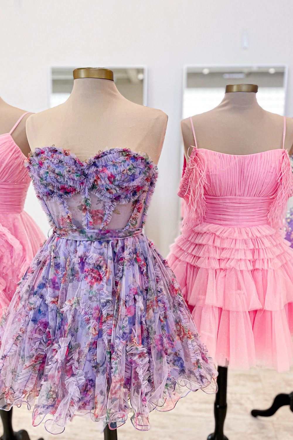 Pink Corset Sweetheart Floral A-Line Short Homecoming Dress with Ruffles