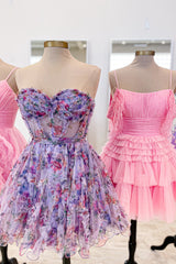 Pink Corset Sweetheart Floral A-Line Short Homecoming Dress with Ruffles