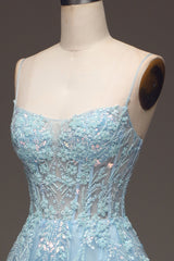 A Line Light Blue Long Prom Dress With Appliques