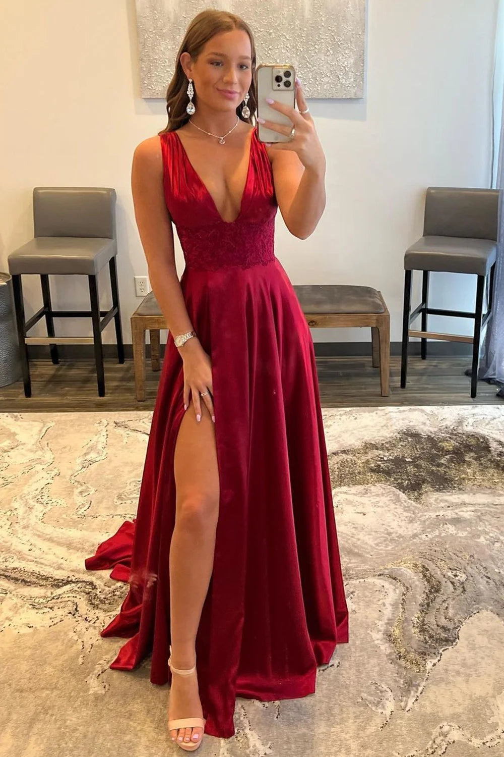 Burgundy V Neck Backless Long Prom Dress with Lace