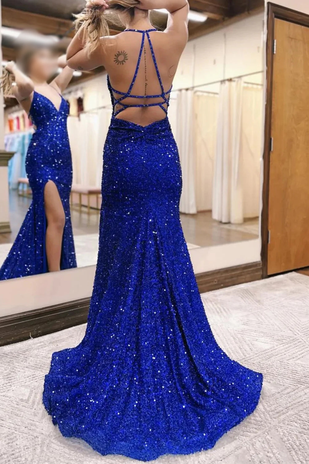 Sparkly Royal Blue Lace-Up Back Sequins Mermaid Long Prom Dress with Slit