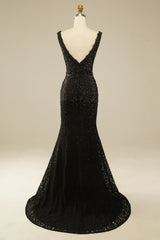 Elegant Glitter Rhinestone Black Lace Long Prom Dress